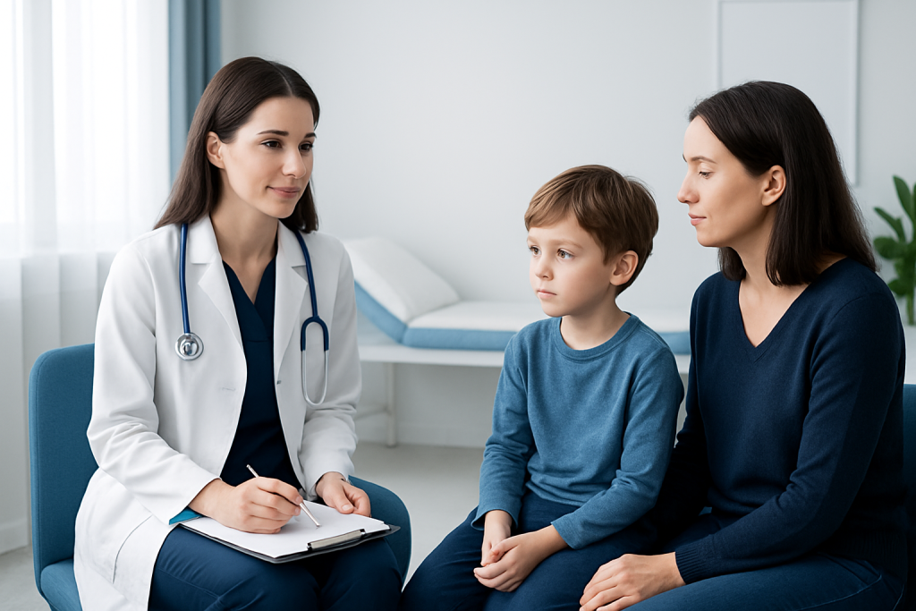Pediatric consultation with doctor and mother discussing child's health.