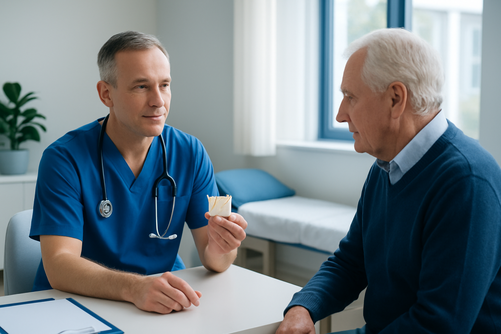 Doctor consulting with elderly patient in a hospital room.