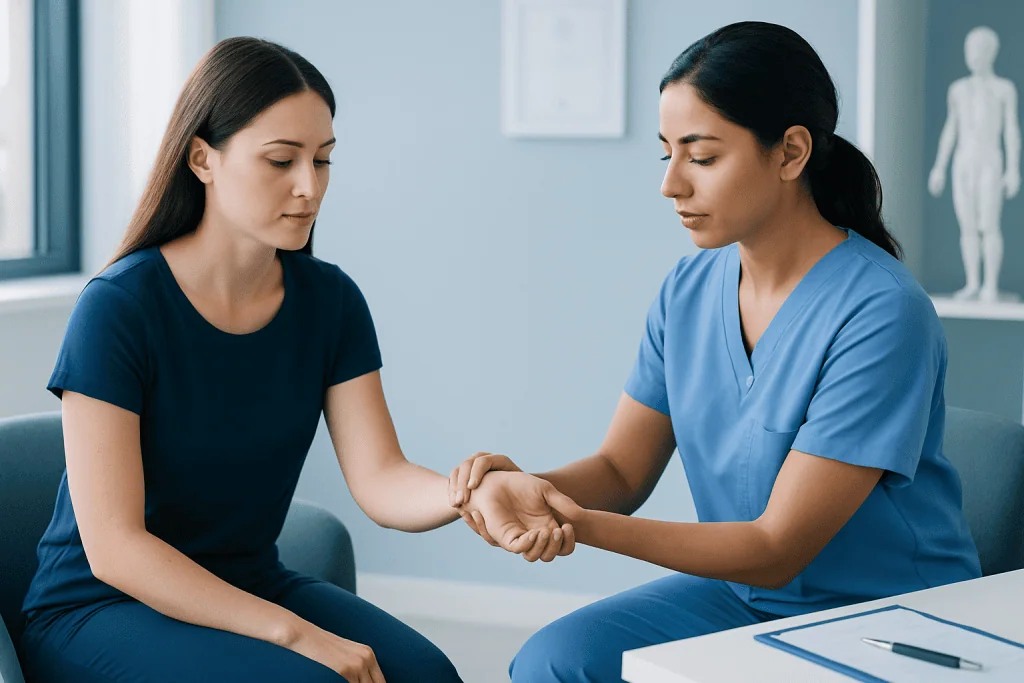 Physical therapy session for carpal tunnel treatment with healthcare professional and patient.