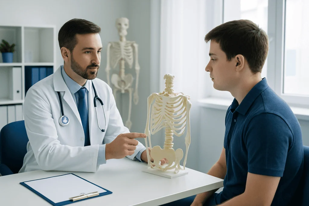 Doctor explaining treatment options for pigeon chest to a young patient.