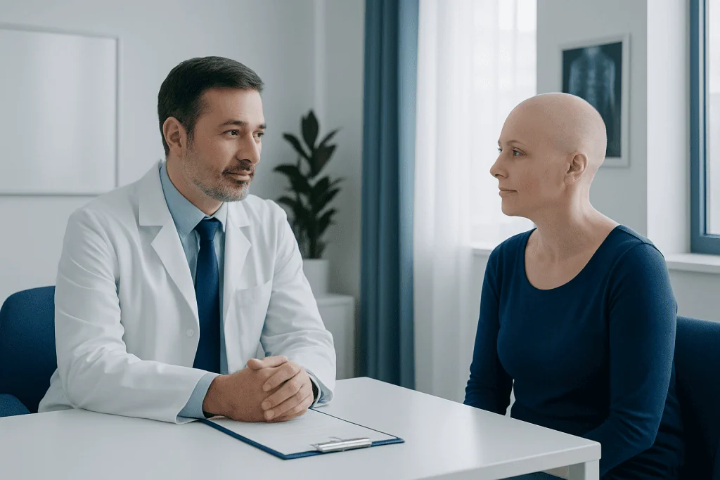 Oncologist consulting a patient in a modern hospital room.