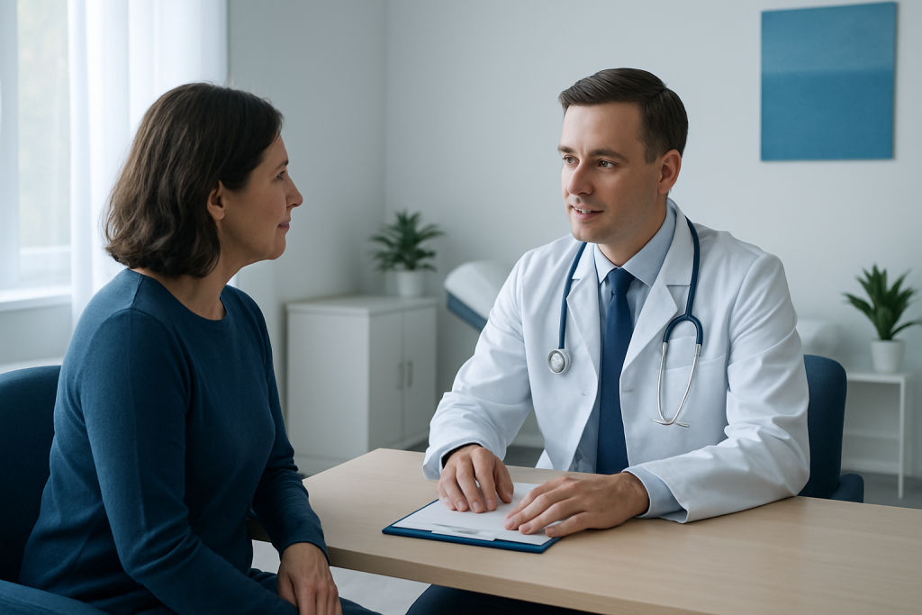 Doctor consulting with a female patient in a modern medical office.