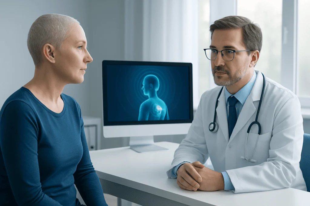 Doctor consulting with patient in a medical office with brain scan on monitor.