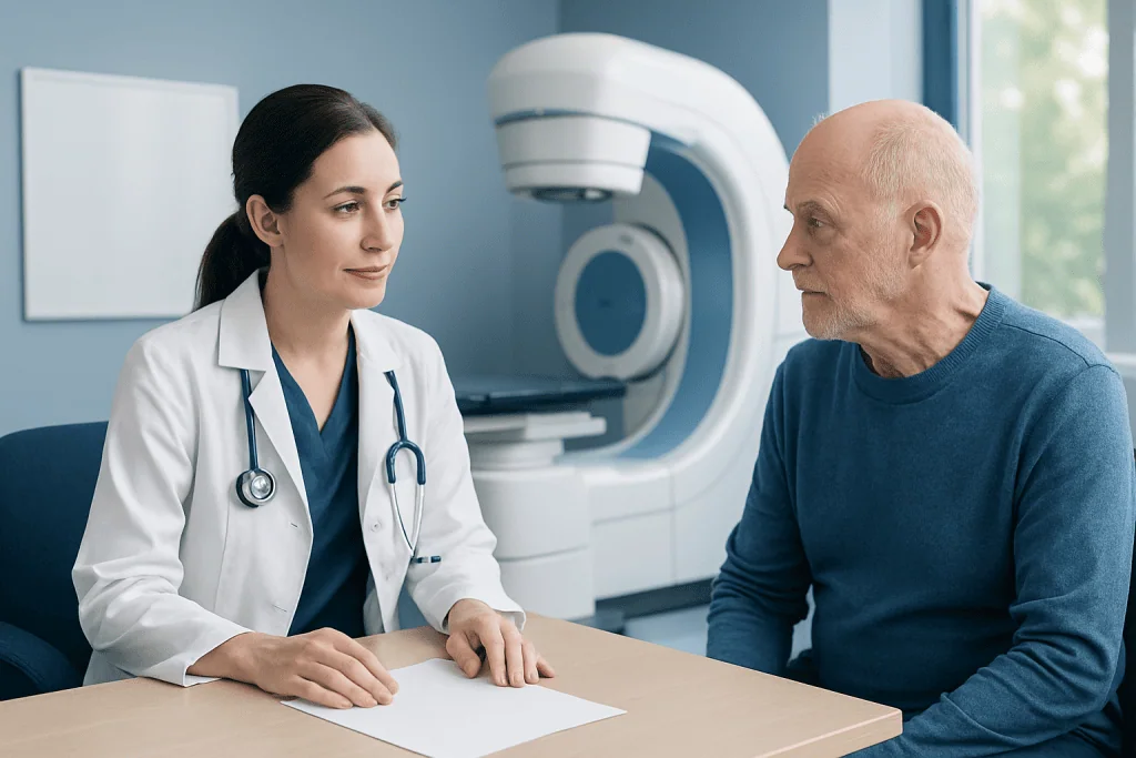 Doctor consulting with an elderly patient in a medical clinic.