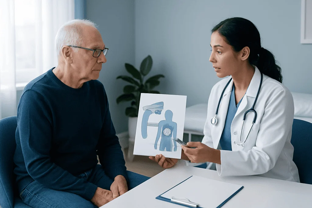 Doctor explaining radiotherapy process to elderly patient with diagram.
