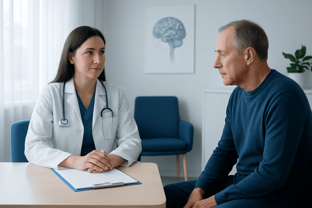 Doctor consulting with an older male patient in a medical office.