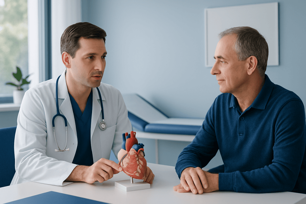 Doctor explaining heart surgery to patient with heart model in clinic.