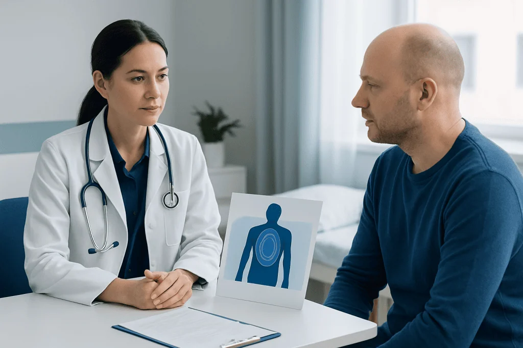 Doctor consulting with patient about sarcoma treatment options at Acibadem Hospital.