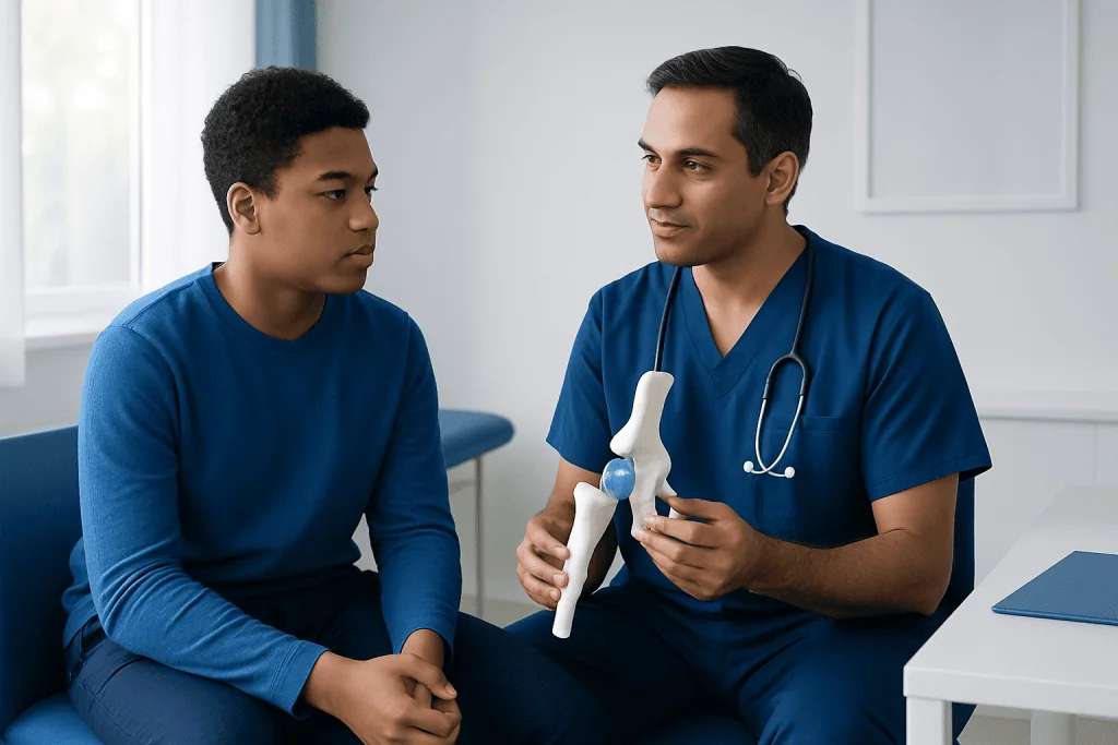 Orthopedic consultation with a doctor explaining hip joint model to a patient.