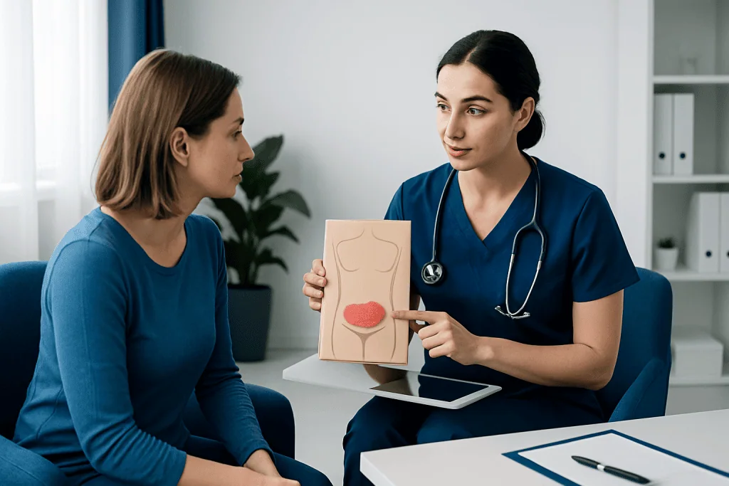 Doctor explaining liposuction procedure with anatomical model to patient.