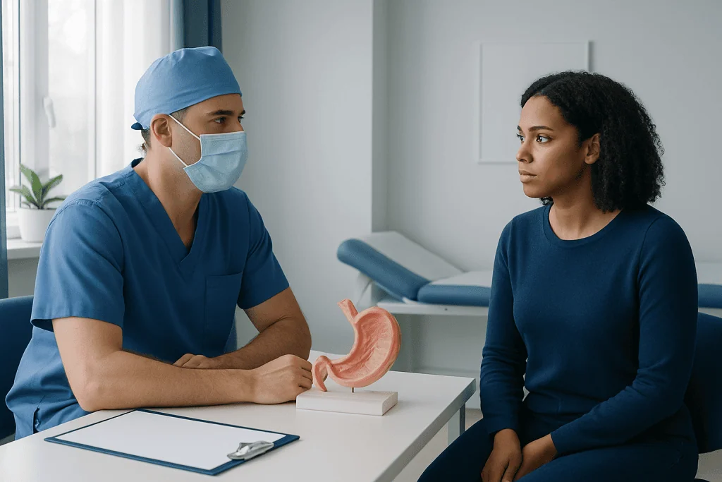 Doctor explaining WTE surgery to a patient in a consultation room.