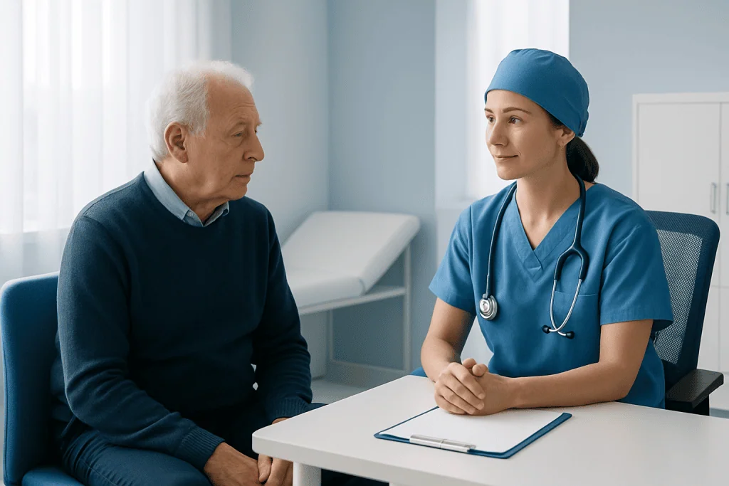 Doctor consulting elderly patient in a hospital room.
