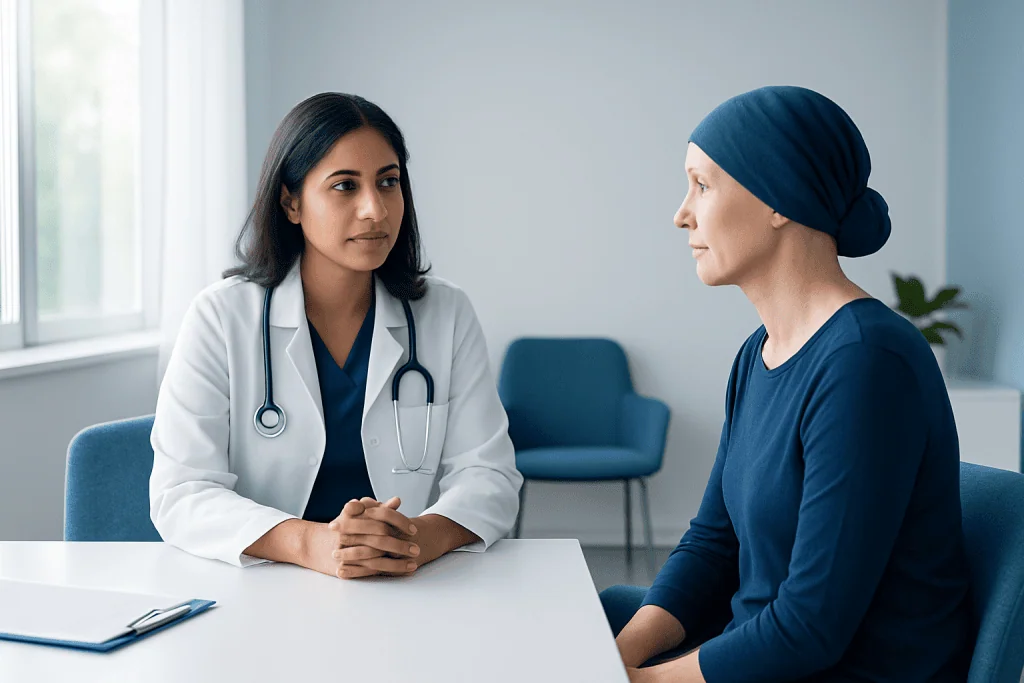 Doctor consulting a patient with cancer in a clinical setting.