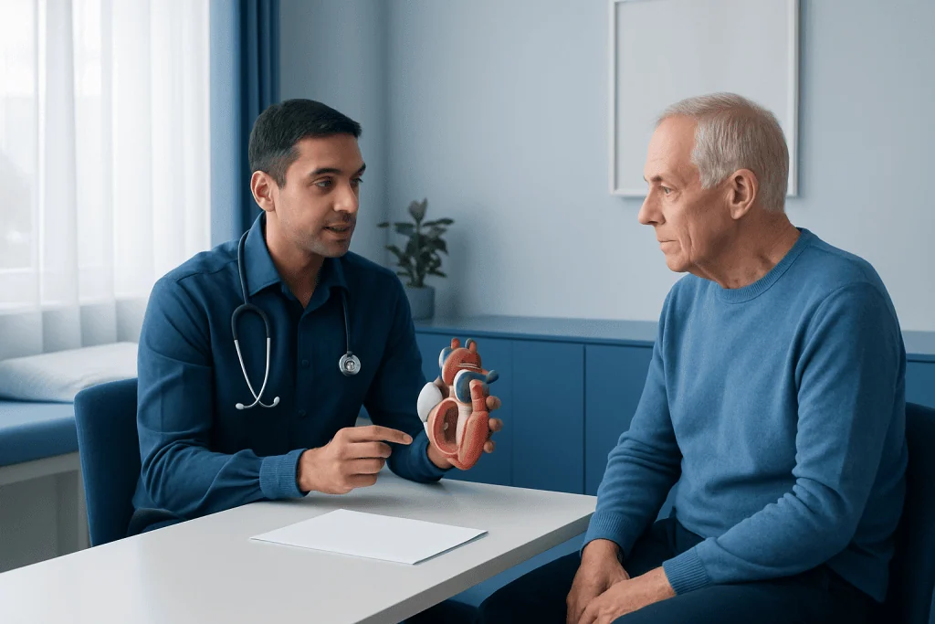 Doctor explaining heart anatomy to senior patient in consultation room.