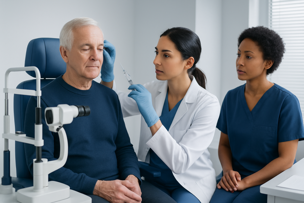 Doctor administering eye injection to elderly patient in clinic setting.