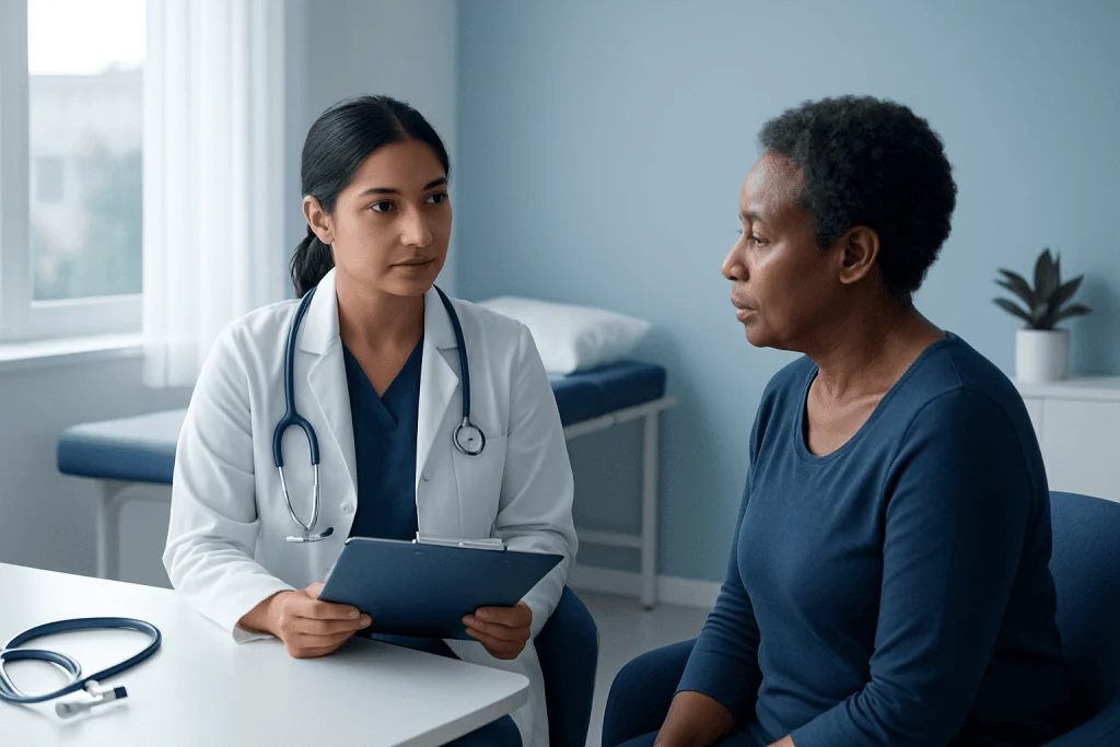 Doctor consulting with patient in a medical office setting.