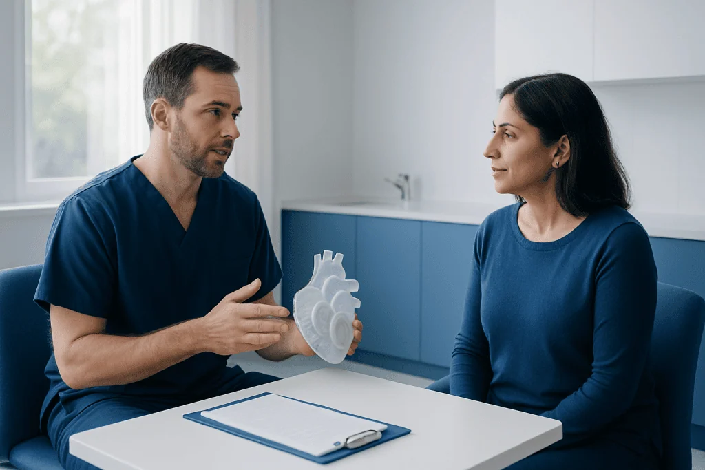 Doctor explaining heart model to female patient in consultation room.