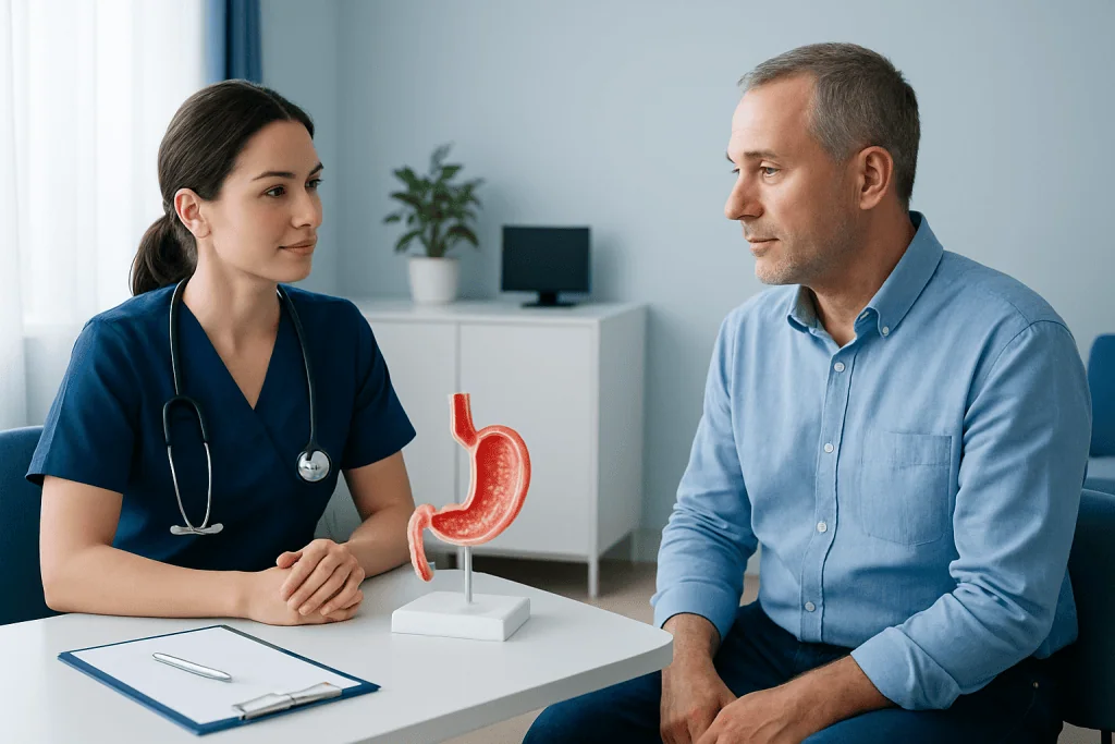 Doctor explaining stomach health to patient in a consultation room.