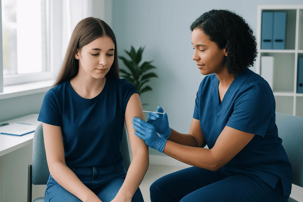 Nurse administering HPV vaccine to young woman in clinic setting.