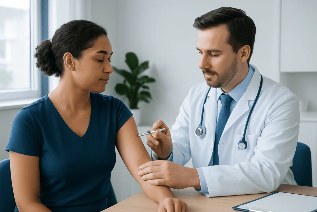 Doctor administering vaccine to a patient in a clinical setting.