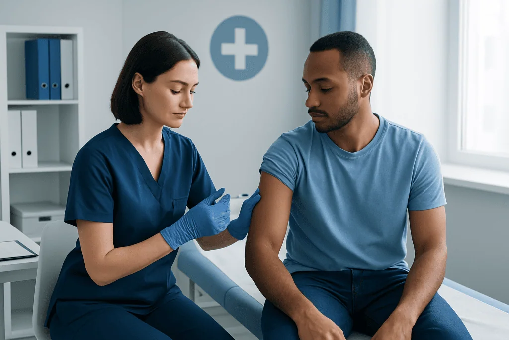Nurse administering a vaccine shot to a patient in a medical clinic.