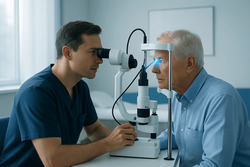 Ophthalmologist examining elderly patient's eye with slit lamp microscope.