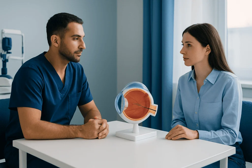 Ophthalmologist explaining eye anatomy to patient during consultation.