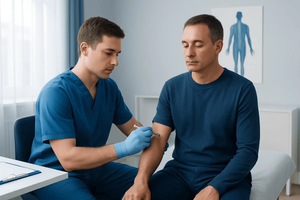 Doctor administering nerve block injection to patient in a clinical setting.