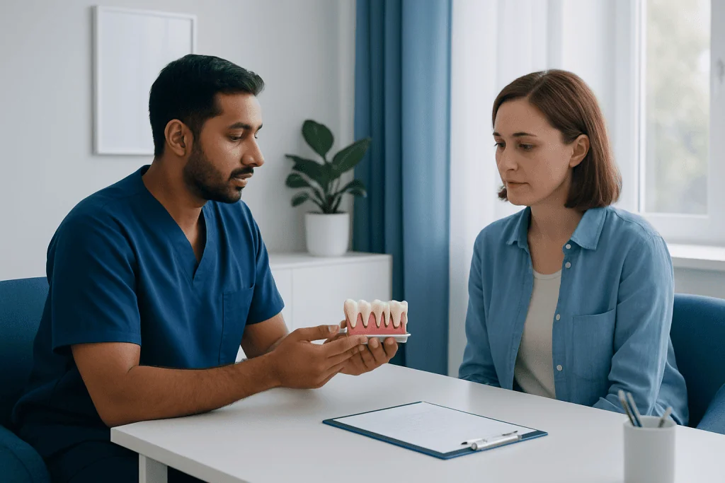 Dentist explaining dental bridge procedure to patient with model teeth.