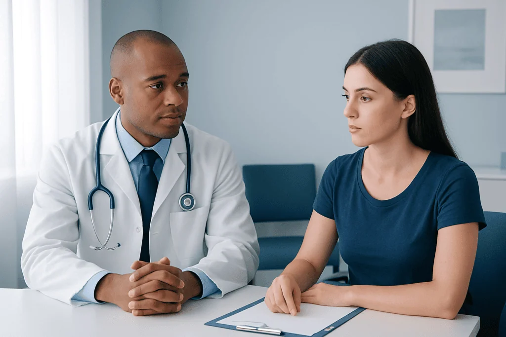 Doctor consulting with a female patient in a medical office.