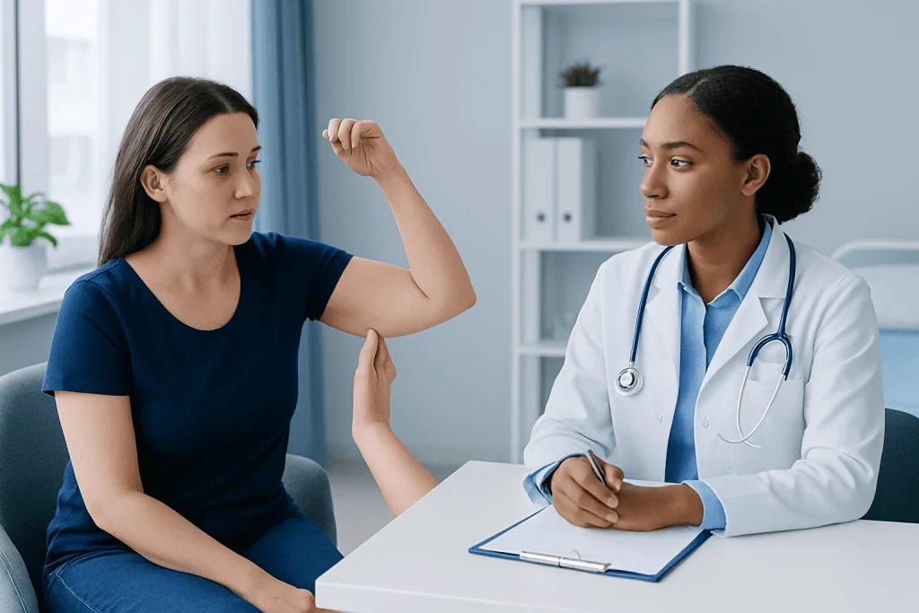 Doctor explains arm lift risks to patient in consultation room.