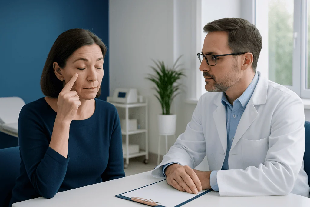 Doctor explaining eyelid surgery risks to a patient in consultation room.
