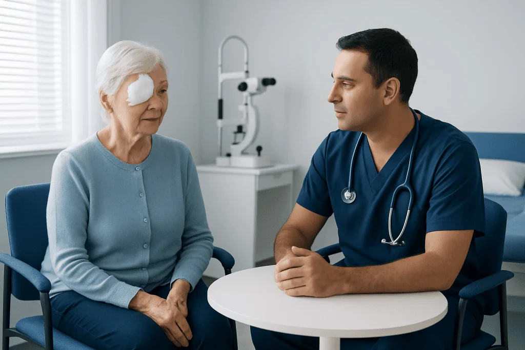 Doctor consulting with elderly woman after cataract surgery at clinic.