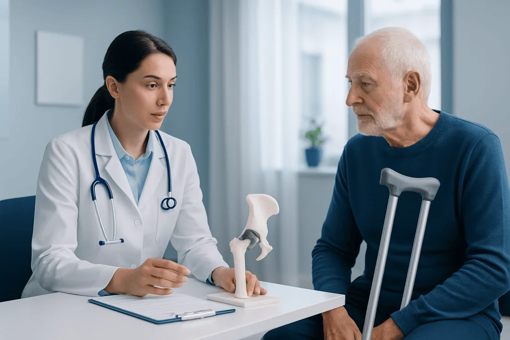 Doctor explaining hip replacement to elderly patient in clinic.