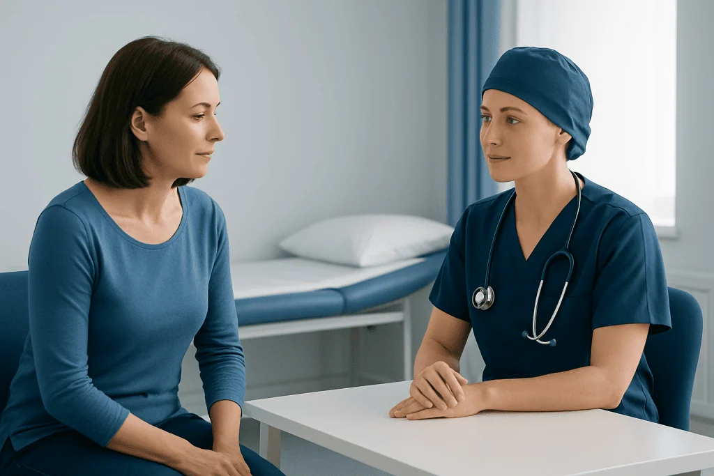 Doctor consulting with patient in a hospital room.