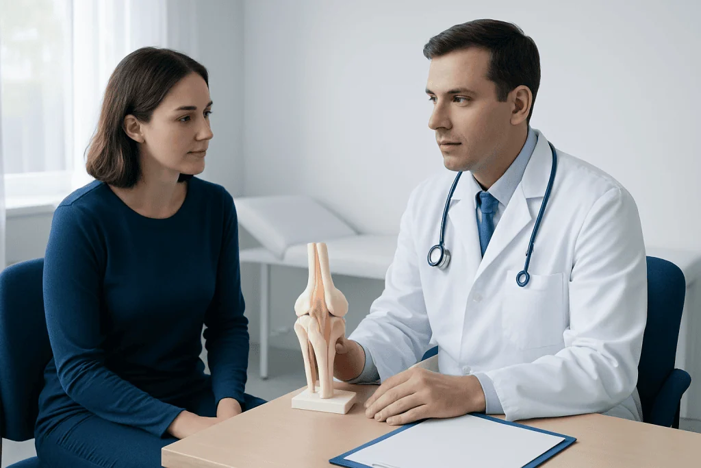 Orthopedic consultation discussing kneecap surgery with model of knee joint.