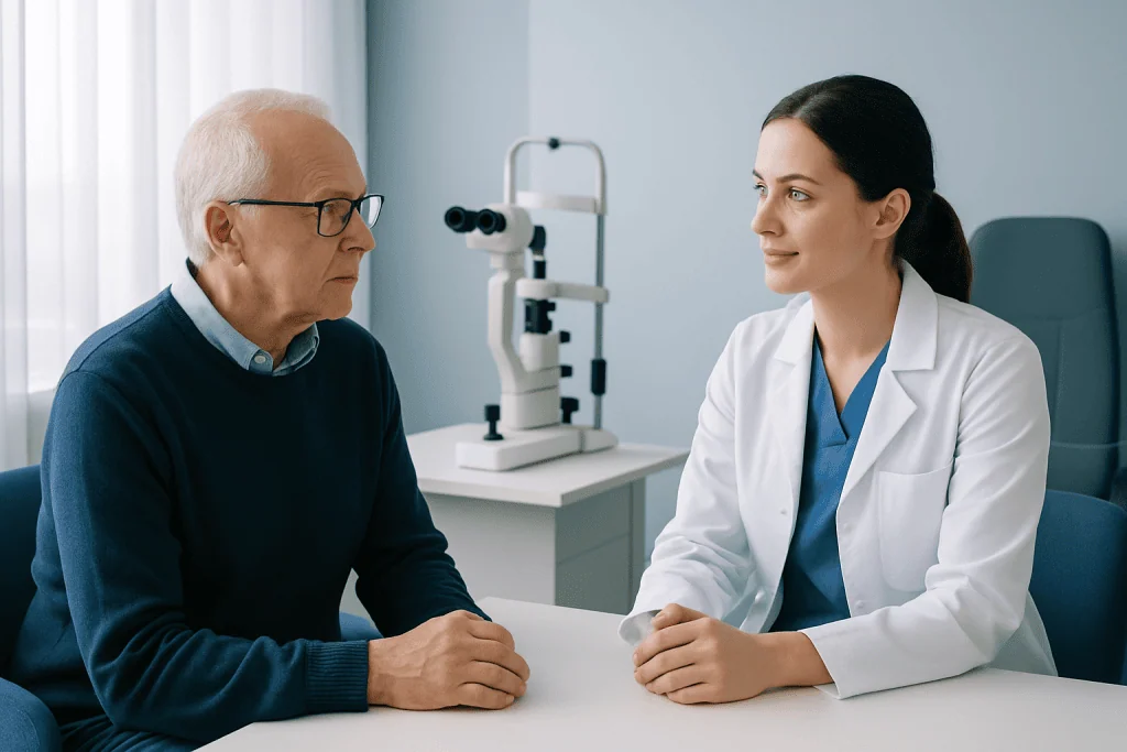 Ophthalmologist consulting with elderly patient in clinic setting.