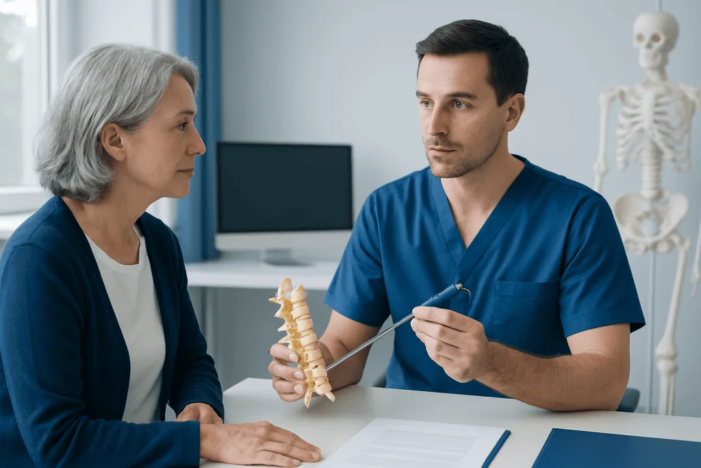 Doctor explaining spinal anatomy to a patient in a medical consultation room.