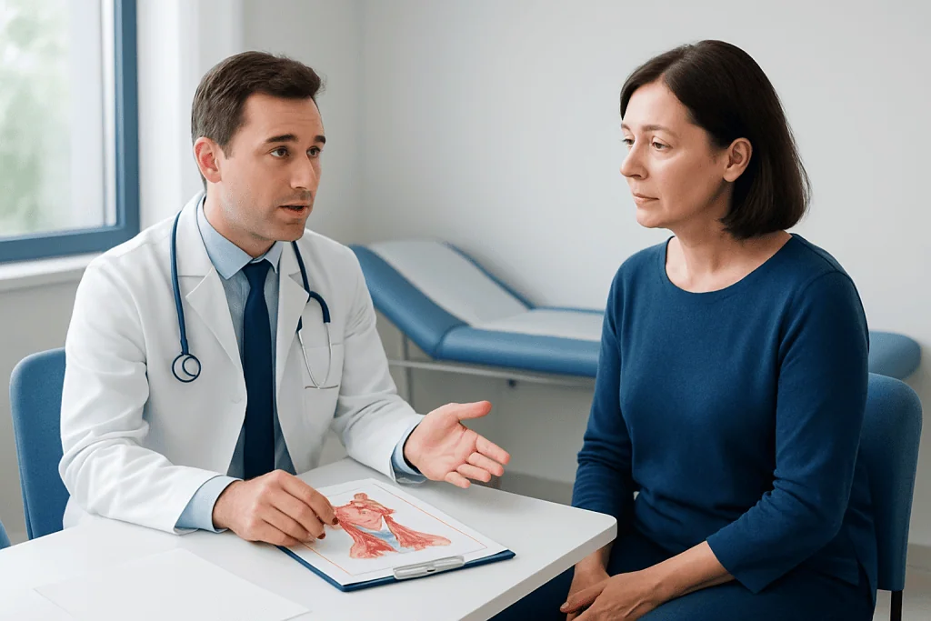 Doctor explaining throat surgery details to a patient in a consultation room.