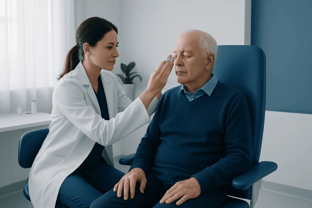 Doctor examining elderly patient's eye in a clinical setting.