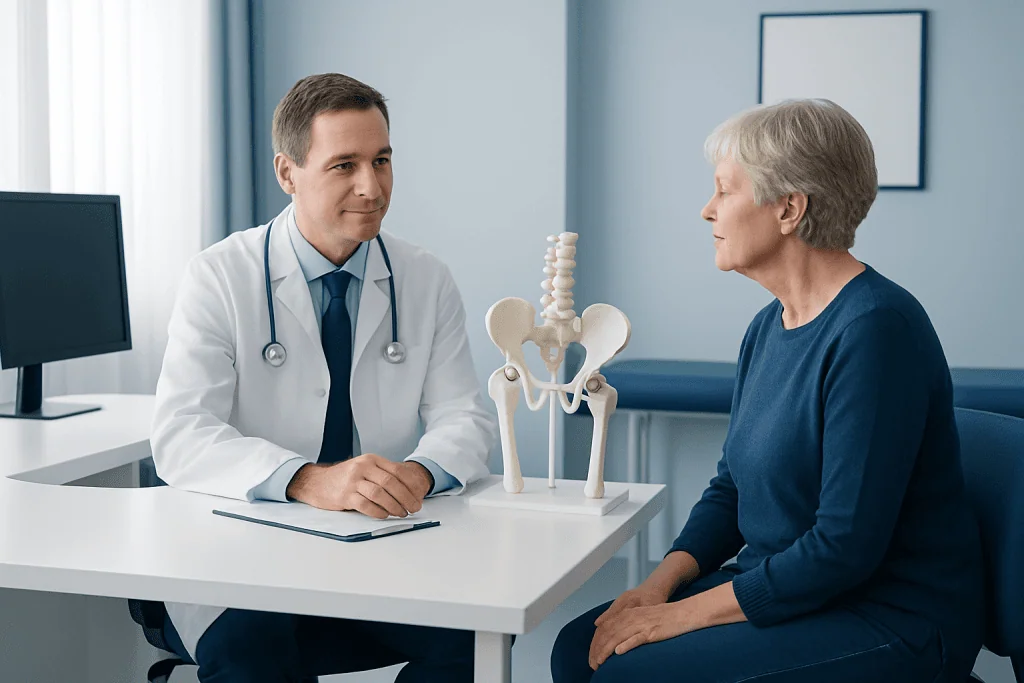 Doctor discussing hip replacement recovery with elderly patient in clinic.