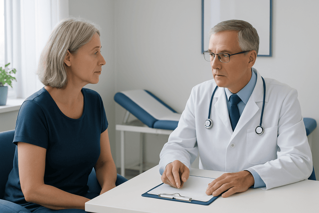 Doctor consulting with a female patient in a medical office setting.