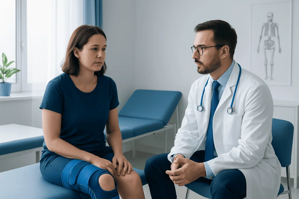 Doctor consulting with a patient with knee injury in a medical office.