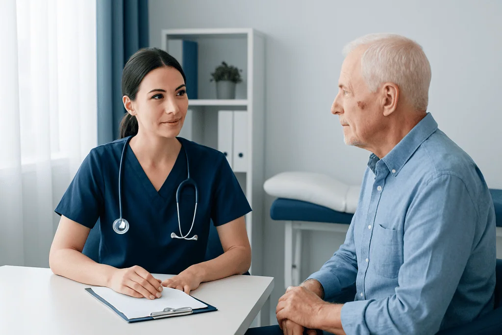 Nurse consulting with elderly patient in a medical office setting.