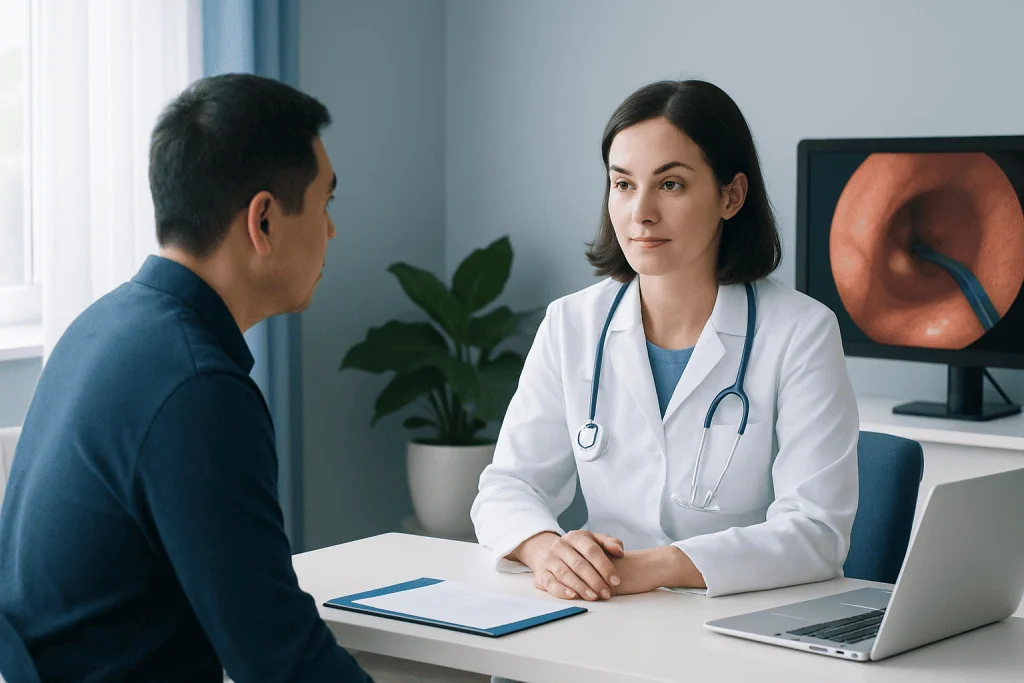 Doctor consulting with patient in a medical office with endoscopic image on screen.