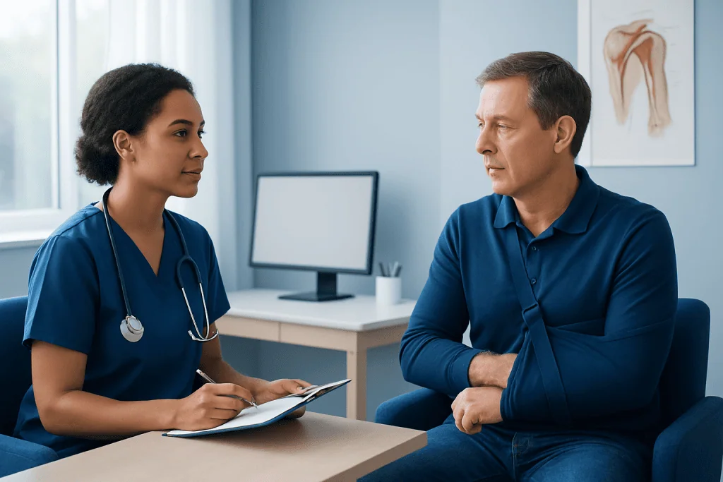 Doctor consulting with patient about shoulder health and recovery.