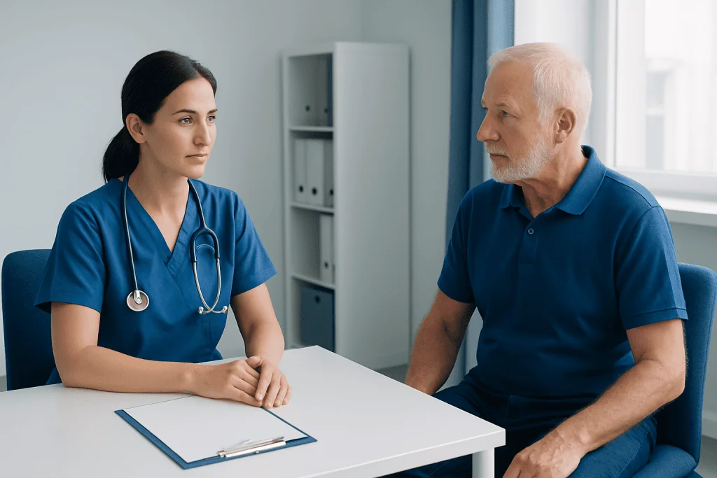 Doctor consulting with elderly patient in a medical office.