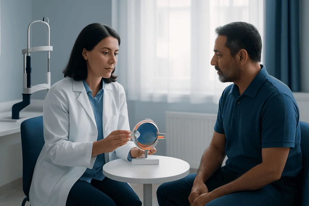 Ophthalmologist explaining eye health to patient with eye model in clinic.