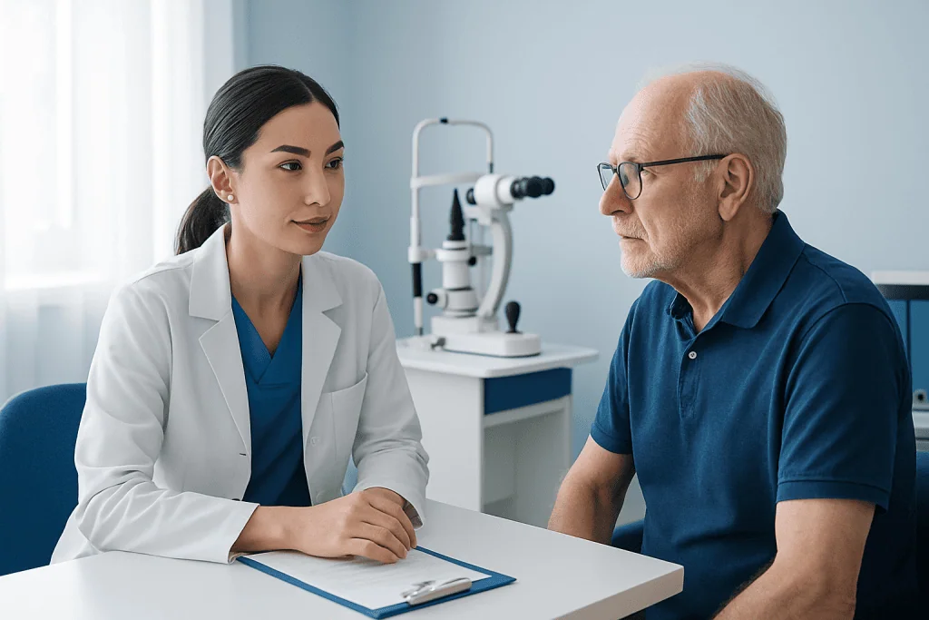 Ophthalmologist consulting an elderly patient in a clinic setting.