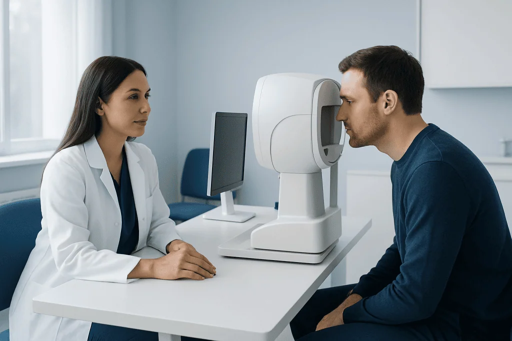 Patient undergoing visual field screening with an ophthalmologist.